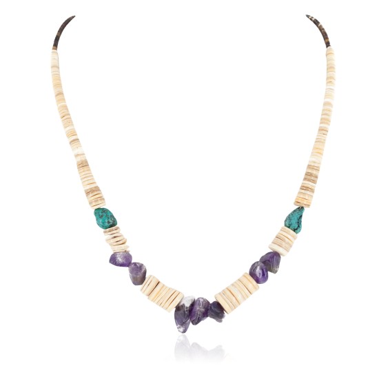 Certified Authentic Navajo .925 Sterling Silver Natural Graduated Melon Shell Turquoise Amethyst Native American Necklace 16080-2 Certified Authentic Navajo .925 Sterling Silver Natural Graduated Melon Shell Turquoise Amethyst Native American Necklace 16080-2