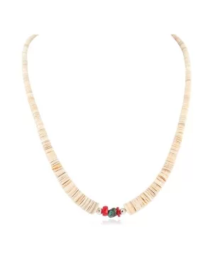 Certified Authentic Navajo .925 Sterling Silver Natural Graduated Melon Shell Turquoise Coral Native American Necklace 7501014-1