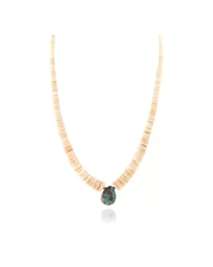 Certified Authentic Navajo .925 Sterling Silver Natural Graduated Melon Shell with Turquoise Native American Necklace 17081-1