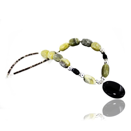 Certified Authentic Navajo .925 Sterling Silver Natural Green Agate Black Onyx Native American Necklace 15799-11