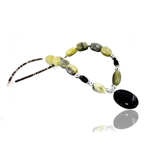 Navajo .925 Sterling Silver Natural Green Agate Black Onyx Native American Necklace 15799-11 Navajo .925 Sterling Silver Natural Green Agate Black Onyx Native American Necklace 15799-11