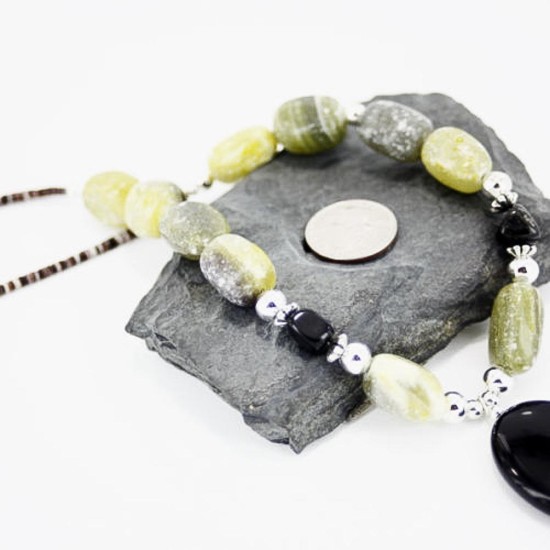 Navajo .925 Sterling Silver Natural Green Agate Black Onyx Native American Necklace 15799-11 Navajo .925 Sterling Silver Natural Green Agate Black Onyx Native American Necklace 15799-11