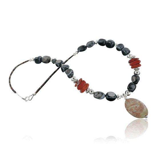 Certified Authentic Navajo .925 Sterling Silver Natural Grey Quartz and Red Jasper Native American Necklace 15383-1 Clearance 370953918847 15383-1 (by LomaSiiva)