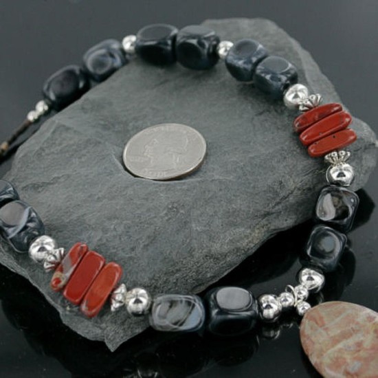 Certified Authentic Navajo .925 Sterling Silver Natural Grey Quartz and Red Jasper Native American Necklace 15383-1 Clearance 370953918847 15383-1 (by LomaSiiva)