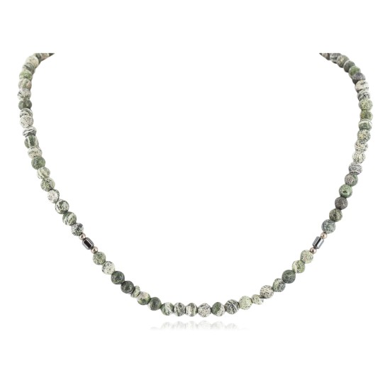 Certified Authentic Navajo .925 Sterling Silver Natural Hematite Green Jasper Native American Delicate Necklace Chain 15963-20 Certified Authentic Navajo .925 Sterling Silver Natural Hematite Green Jasper Native American Delicate Necklace Chain 15963-20