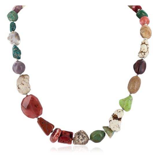 Certified Authentic Navajo .925 Sterling Silver Natural Jade Red Jasper Quartz Charoite Coral Native American Necklace  750198-2
