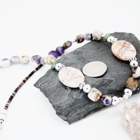 Certified Authentic Navajo .925 Sterling Silver Natural Jasper Amethyst Turquoise Native American Necklace 15265-12