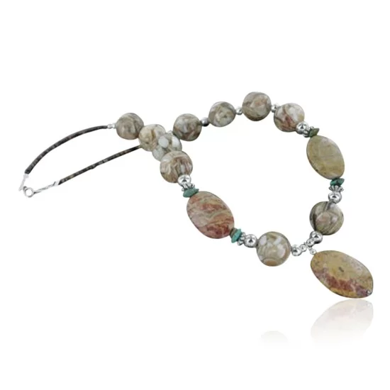 Certified Authentic Navajo .925 Sterling Silver Natural Mother Of Peral and Jasper Native American Necklace 15383-23 Certified Authentic Navajo .925 Sterling Silver Natural Mother Of Peral and Jasper Native American Necklace 15383-23