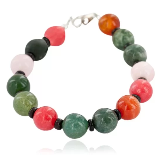 Navajo .925 Sterling Silver Bracelet with Jade, Pink Quartz and Carnelian 13038-10 Navajo .925 Sterling Silver Bracelet with Jade, Pink Quartz and Carnelian 13038-10