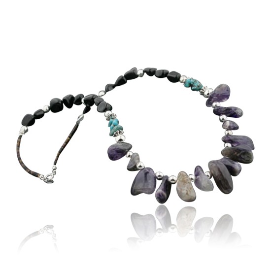 Certified Authentic Navajo .925 Sterling Silver Natural Onyx Amethyst Turquoise Native American Necklace 390734637557