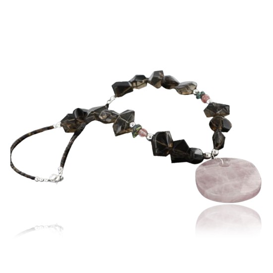 Certified Authentic Navajo .925 Sterling Silver Natural Pink Agate Smoky Quartz Native American Necklace 752100-24