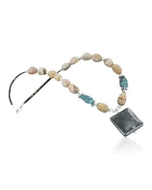 Certified Authentic Navajo .925 Sterling Silver Natural Stormy Turquoise and Agate Native American Necklace 15432-11