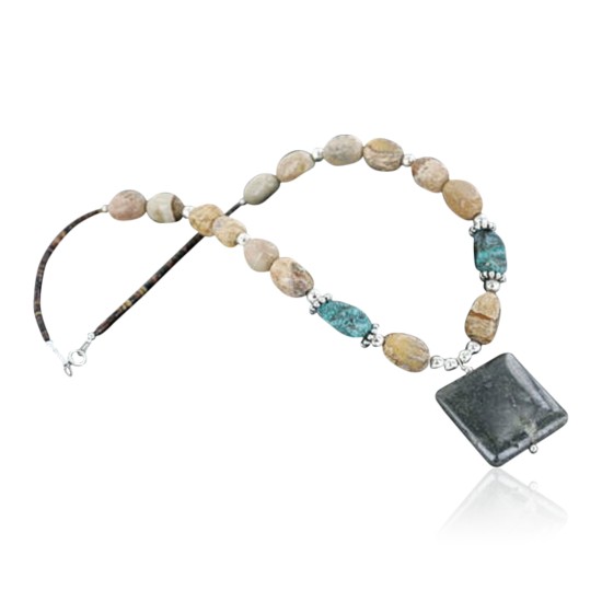 Certified Authentic Navajo .925 Sterling Silver Natural Stormy Turquoise and Agate Native American Necklace 15432-11