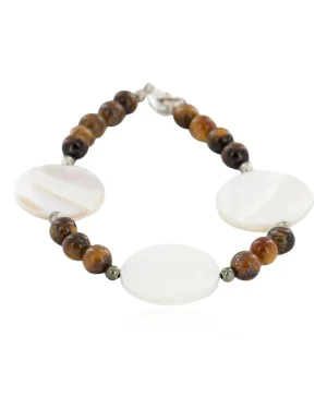 Certified Authentic Navajo .925 Sterling Silver Natural Tigers Eye Mother of Pearl Native American Bracelet 13038-18