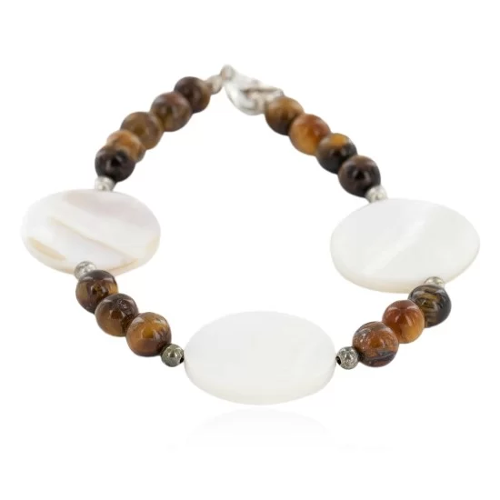 Certified Authentic Navajo .925 Sterling Silver Natural Tigers Eye Mother of Pearl Native American Bracelet 13038-18 Certified Authentic Navajo .925 Sterling Silver Natural Tigers Eye Mother of Pearl Native American Bracelet 13038-18