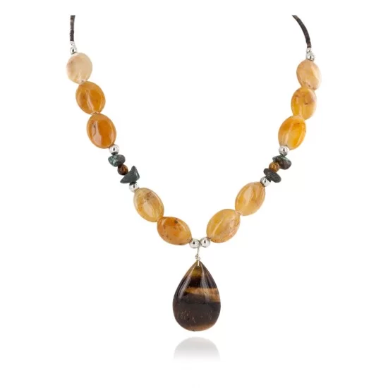 Certified Authentic Navajo .925 Sterling Silver Natural Turquoise Agate and Tigers Eye Native American Necklace 15465-26 Certified Authentic Navajo .925 Sterling Silver Natural Turquoise Agate and Tigers Eye Native American Necklace 15465-26