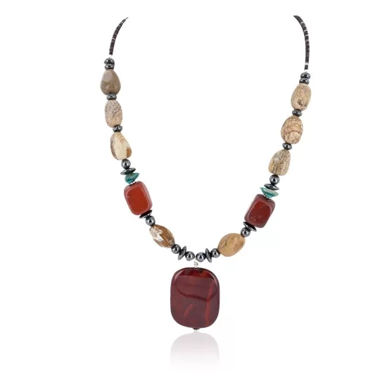 Certified Authentic Navajo .925 Sterling Silver Natural Turquoise Agate Red Jasper Hematite Native American Necklace 16092-1 Certified Authentic Navajo .925 Sterling Silver Natural Turquoise Agate Red Jasper Hematite Native American Necklace 16092-1