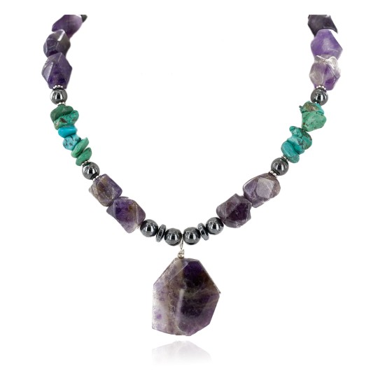 Certified Authentic Navajo .925 Sterling Silver Natural Turquoise Amethyst Hematite Native American Necklace 34057