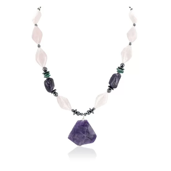 Certified Authentic Navajo .925 Sterling Silver Natural Turquoise Amethyst Pink Quartz Hematite Native American Necklace 16092-8