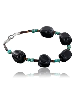 Certified Authentic Navajo .925 Sterling Silver Natural Turquoise and Black Agate Native American Bracelet 390741487795