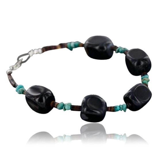 Certified Authentic Navajo .925 Sterling Silver Natural Turquoise and Black Agate Native American Bracelet 390741487795