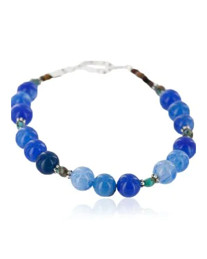 Certified Authentic Navajo .925 Sterling Silver Natural Turquoise and Blue Agate Native American Bracelet 370992826309