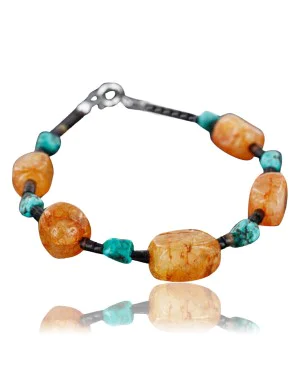 Certified Authentic Navajo .925 Sterling Silver Natural Turquoise and Carnelian Native American Bracelet 390749514692
