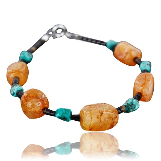Certified Authentic Navajo .925 Sterling Silver Natural Turquoise and Carnelian Native American Bracelet 390749514692