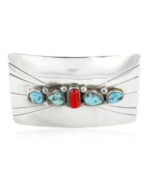 Certified Authentic Navajo .925 Sterling Silver Natural Turquoise and Coral Native American Buckle 1195