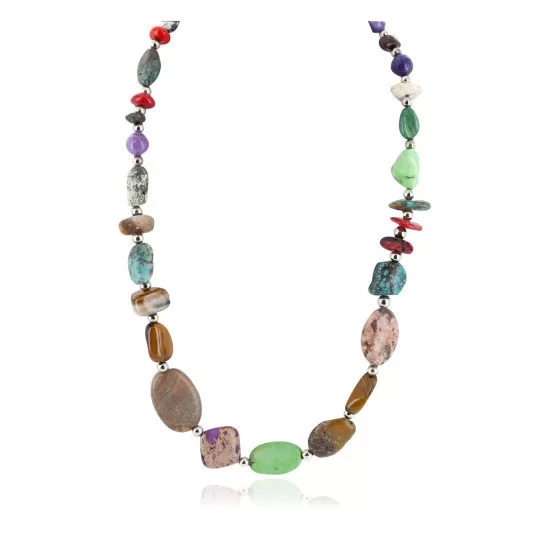 Certified Authentic Navajo .925 Sterling Silver Natural Turquoise and Multicolor Stones Native American Necklace 15215-5