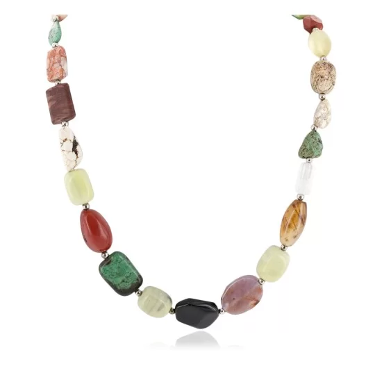 Certified Authentic Navajo .925 Sterling Silver Natural Turquoise and Multicolor Stones Native American Necklace 15343-32 Certified Authentic Navajo .925 Sterling Silver Natural Turquoise and Multicolor Stones Native American Necklace 15343-32