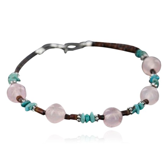 Certified Authentic Navajo .925 Sterling Silver Natural Turquoise and Native American Pink Quartz Bracelet 370976390475
