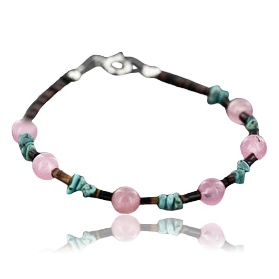 Certified Authentic Navajo .925 Sterling Silver Natural Turquoise and Native American Pink Quartz Bracelet 370977357101