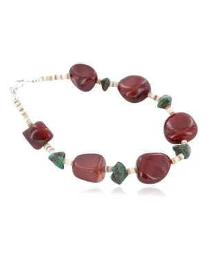 Certified Authentic Navajo .925 Sterling Silver Natural Turquoise and Red Jasper Native American Bracelet 13020-1
