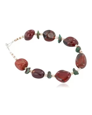 Certified Authentic Navajo .925 Sterling Silver Natural Turquoise and Red Jasper Native American Bracelet 13020-2