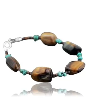 Certified Authentic Navajo .925 Sterling Silver Natural Turquoise and Tigers Eye Native American Bracelet 390733604666