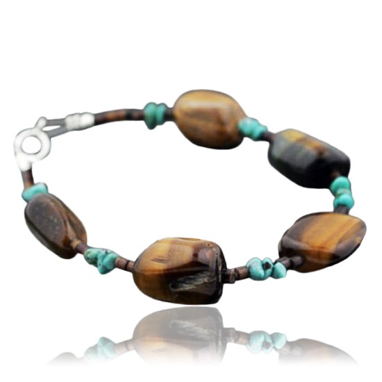 Certified Authentic Navajo .925 Sterling Silver Natural Turquoise and Tigers Eye Native American Bracelet 390733604666