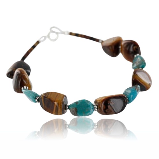 Certified Authentic Navajo .925 Sterling Silver Natural Turquoise and Tigers Eye Native American Bracelet 390751609509