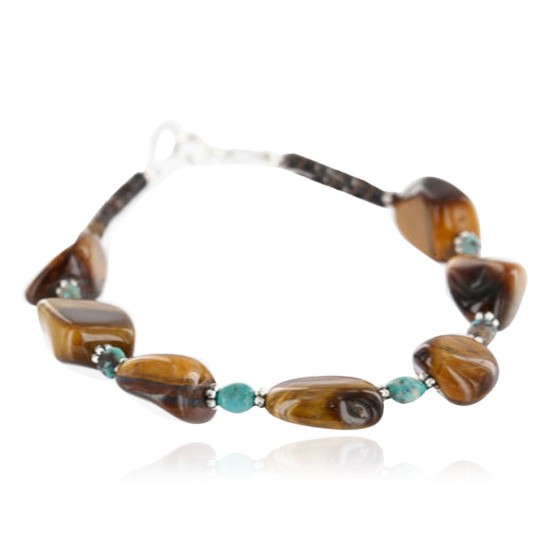 Certified Authentic Navajo .925 Sterling Silver Natural Turquoise and Tigers Eye Native American Bracelet 390754340327