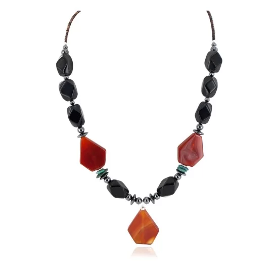 Certified Authentic Navajo .925 Sterling Silver Natural Turquoise Black Onyx Carnelian Hematite Native American Necklace 16092-9