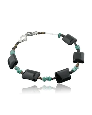 Certified Authentic Navajo .925 Sterling Silver Natural Turquoise Black Onyx Native American Bracelet 390734605525