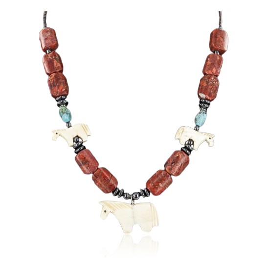 Certified Authentic Navajo .925 Sterling Silver Natural Turquoise, Coral and Bone Native American Necklace 371100703145