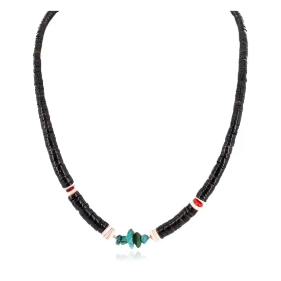 Navajo .925 Sterling Silver Natural Turquoise Coral Graduated Melon Shell Necklace 14905-5 Navajo .925 Sterling Silver Natural Turquoise Coral Graduated Melon Shell Necklace 14905-5