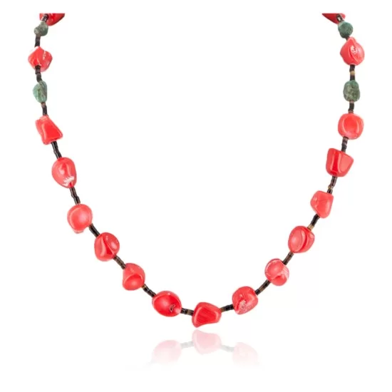 Certified Authentic Navajo .925 Sterling Silver Natural Turquoise Coral Heishi Native American Necklace 25229-3