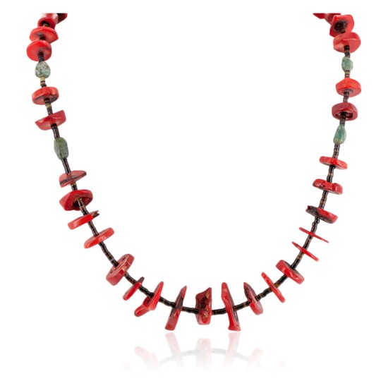 Navajo .925 Sterling Silver Natural Turquoise Coral Heishi Necklace 25235-4