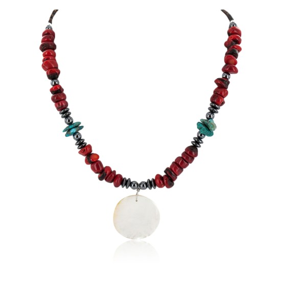 Certified Authentic Navajo .925 Sterling Silver Natural Turquoise Coral Hematite Native American Necklace 750199-4