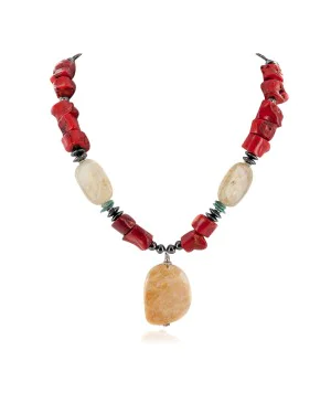 Certified Authentic Navajo .925 Sterling Silver Natural Turquoise Coral Hematite Smoky Quartz Agate Native American Necklace 17048