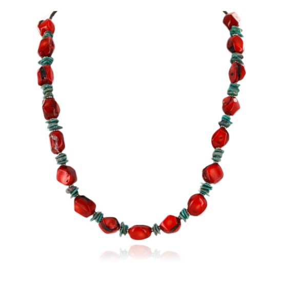 Certified Authentic Navajo .925 Sterling Silver Natural Turquoise Coral Native American Necklace 15998 Certified Authentic Navajo .925 Sterling Silver Natural Turquoise Coral Native American Necklace 15998