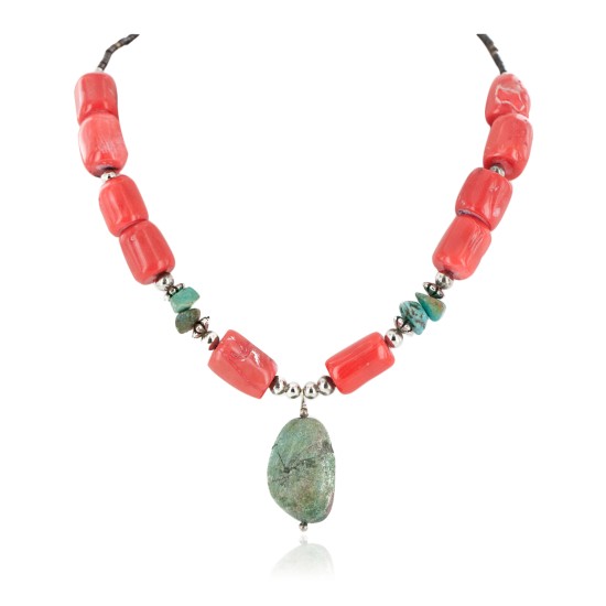 Certified Authentic Navajo .925 Sterling Silver Natural Turquoise Coral Native American Necklace 750100-16 Certified Authentic Navajo .925 Sterling Silver Natural Turquoise Coral Native American Necklace 750100-16