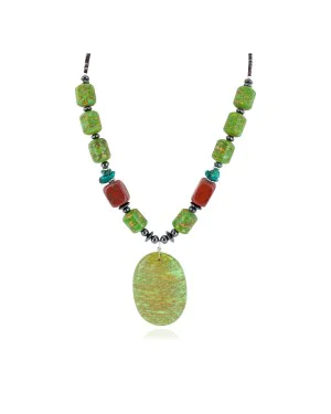 Certified Authentic Navajo .925 Sterling Silver Natural Turquoise Gaspeite Red Jasper Hematite Native American Necklace 16091-4